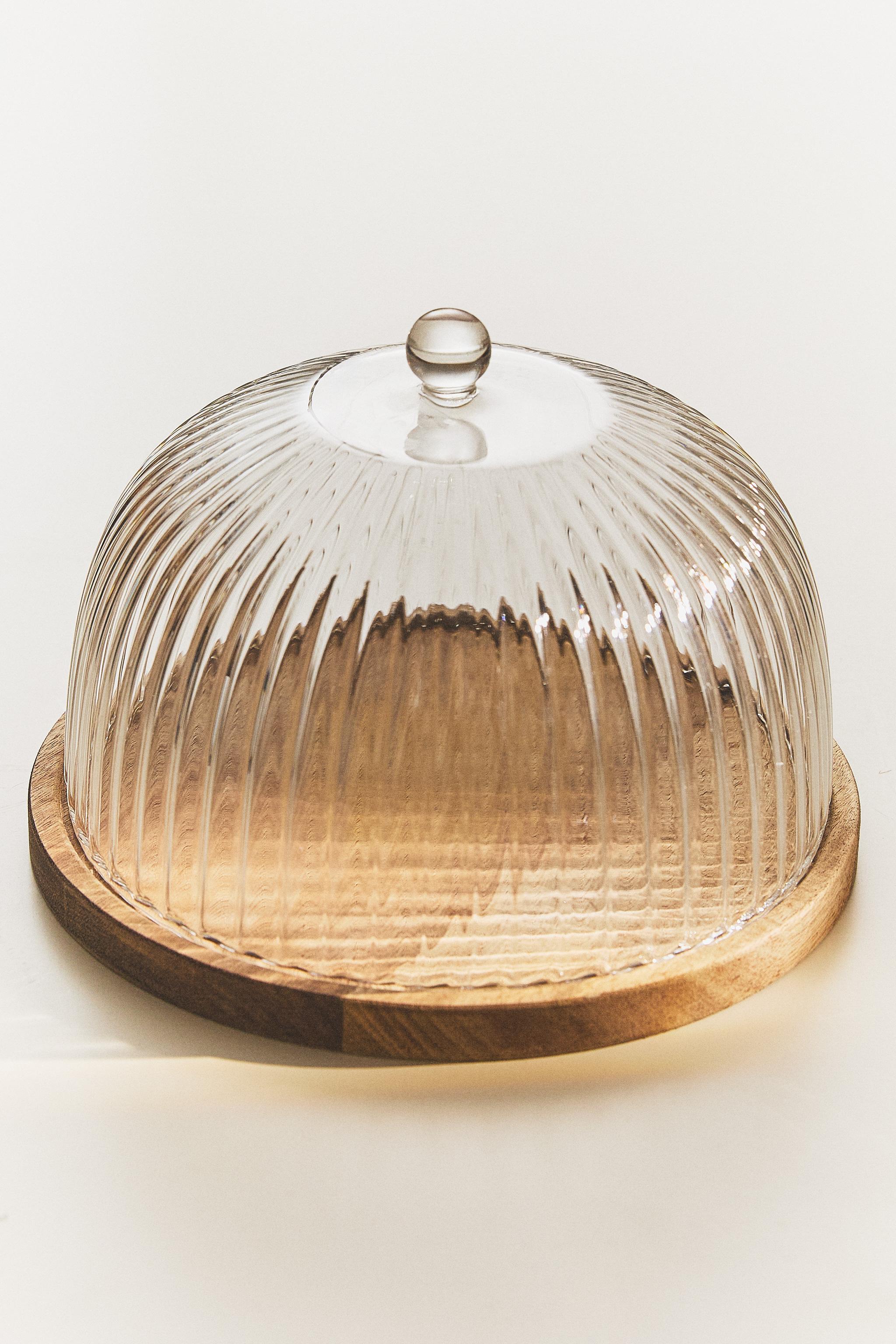 WOOD & BOROSILICATE GLASS CAKE PLATE